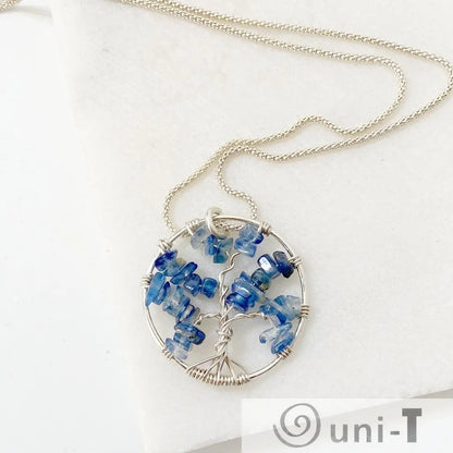 Elegant Tree of Life Sterling Silver Necklace with kyanite chip pendant, symbolizing spiritual growth and natural beauty.
