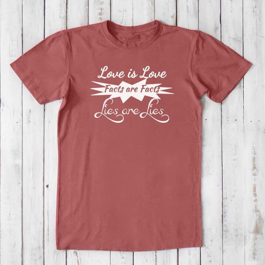 Men's Love is Love T-Shirt in bamboo & organic cotton, red color with white 'Love is Love Facts are Facts Lies are Lies' graphic print.