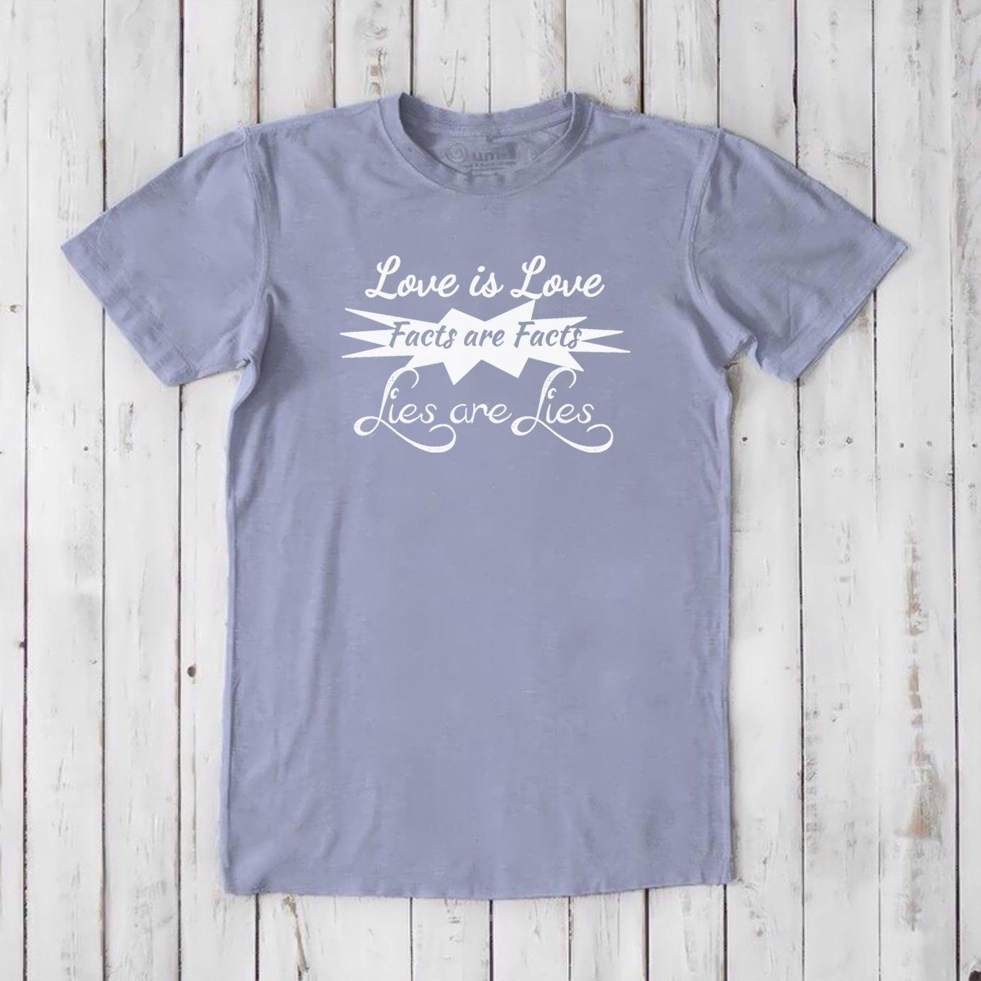 Pro-truth men's graphic tee in lavender bamboo & organic cotton, featuring 'Love is Love Facts are Facts Lies are Lies' message in white.
