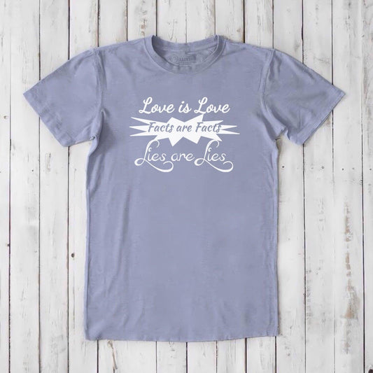 Pro-truth men's graphic tee in lavender bamboo & organic cotton, featuring 'Love is Love Facts are Facts Lies are Lies' message in white.