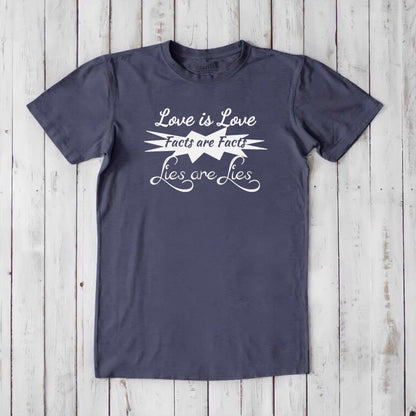 Dark navy men's bamboo & organic cotton t-shirt with white 'Love is Love Facts are Facts Lies are Lies' equality statement graphic.