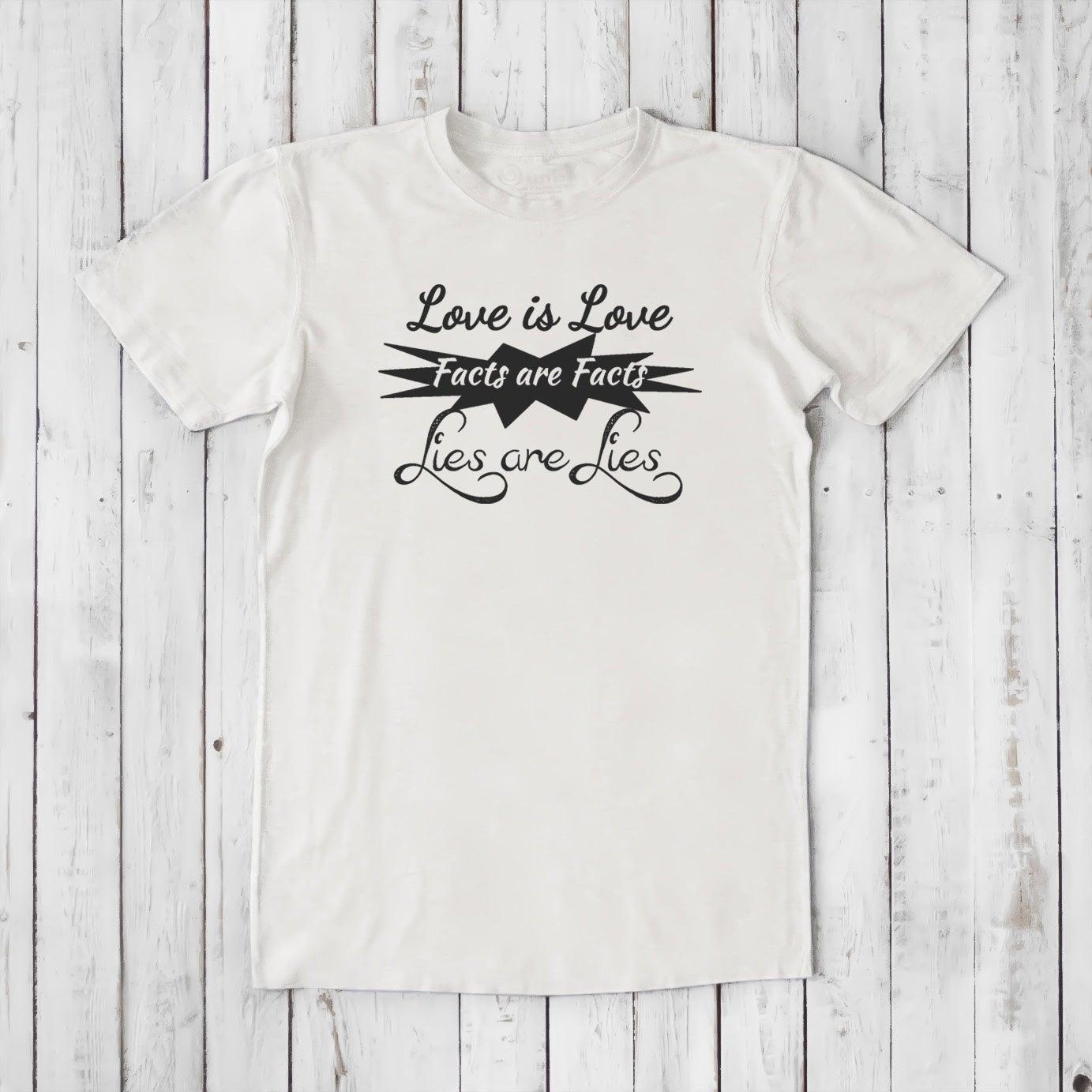 White men's bamboo & organic cotton t-shirt with black 'Love is Love Facts are Facts Lies are Lies' graphic, perfect for LGBTQ+ ally gifting.