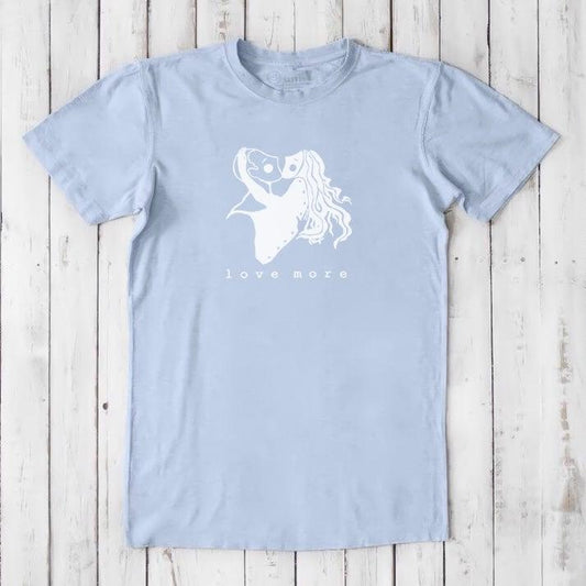 Men's Love T-Shirt in light blue bamboo and organic cotton with abstract romantic graphic and 'love more' text, sustainable gift for him.