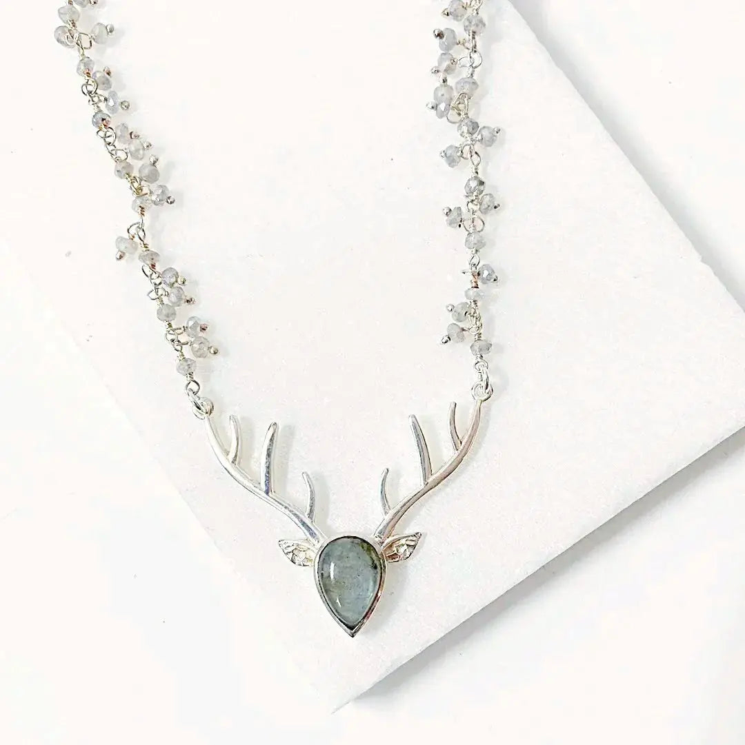 Labradorite Dear Head with Labradorite Cluster Sterling Silver Chain Necklace Regina McGearty
