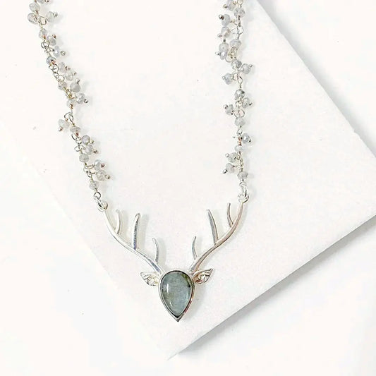 Labradorite Dear Head with Labradorite Cluster Sterling Silver Chain Necklace Regina McGearty