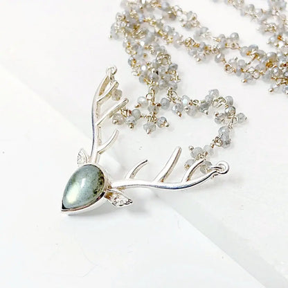 Labradorite Dear Head with Labradorite Cluster Sterling Silver Chain Necklace Regina McGearty