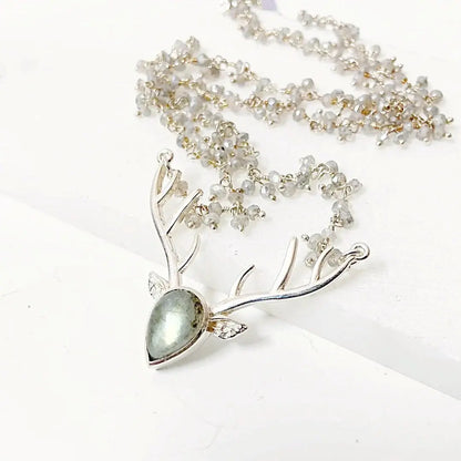 Labradorite Dear Head with Labradorite Cluster Sterling Silver Chain Necklace Regina McGearty
