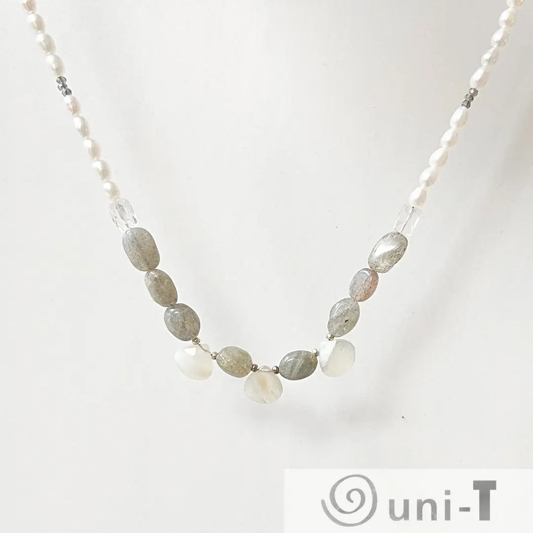 Labradorite pearl necklace with quartz and dendritic opal beads, displayed against a white background for product detailing.
