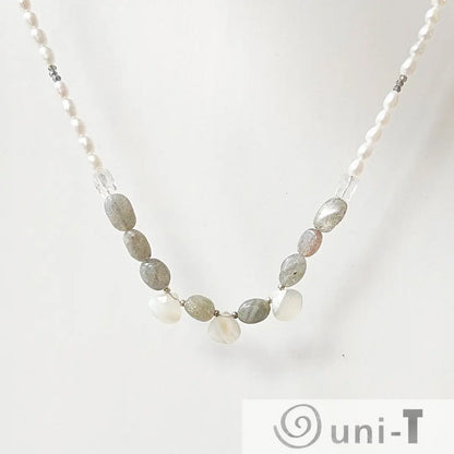 Labradorite pearl necklace with quartz and dendritic opal beads, displayed against a white background for product detailing.