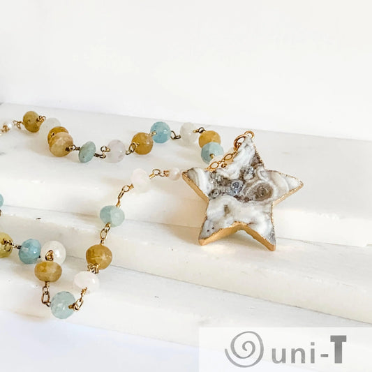 Large Druzy Quartz Star, Apatite, Sunstone and Quartz with 14K Gold Filled Necklace Regina McGearty