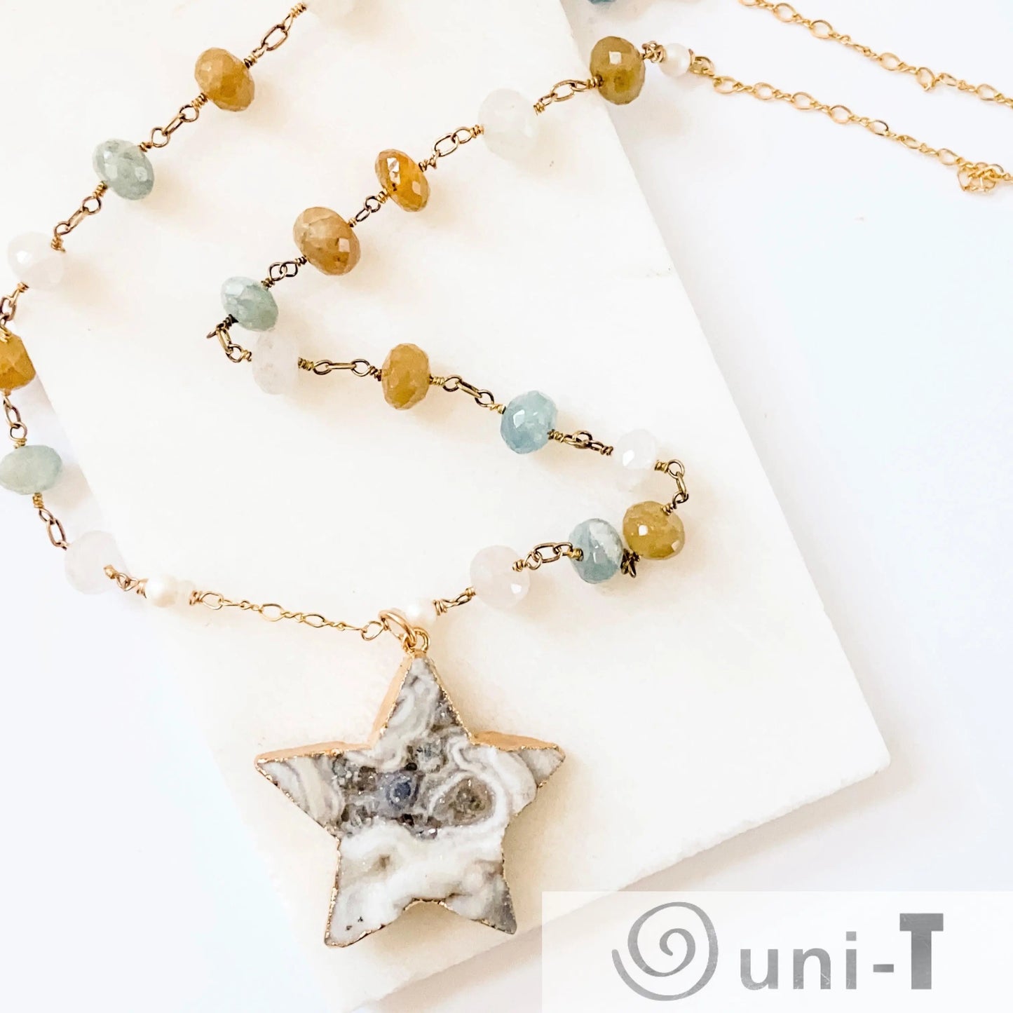 Large Druzy Quartz Star, Apatite, Sunstone and Quartz with 14K Gold Filled Necklace Regina McGearty