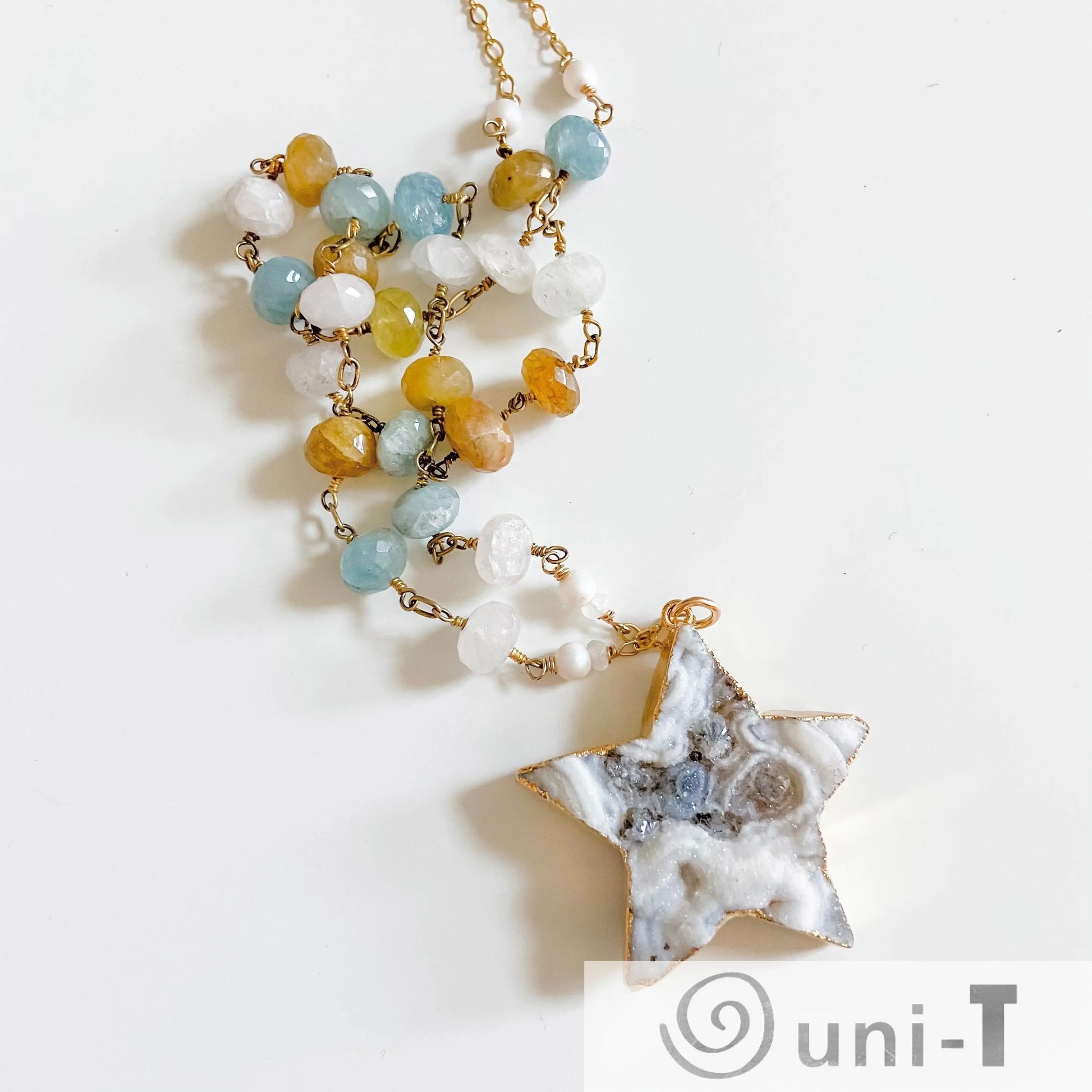 Large Druzy Quartz Star, Apatite, Sunstone and Quartz with 14K Gold Filled Necklace Regina McGearty
