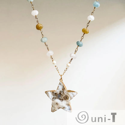Large Druzy Quartz Star, Apatite, Sunstone and Quartz with 14K Gold Filled Necklace Regina McGearty
