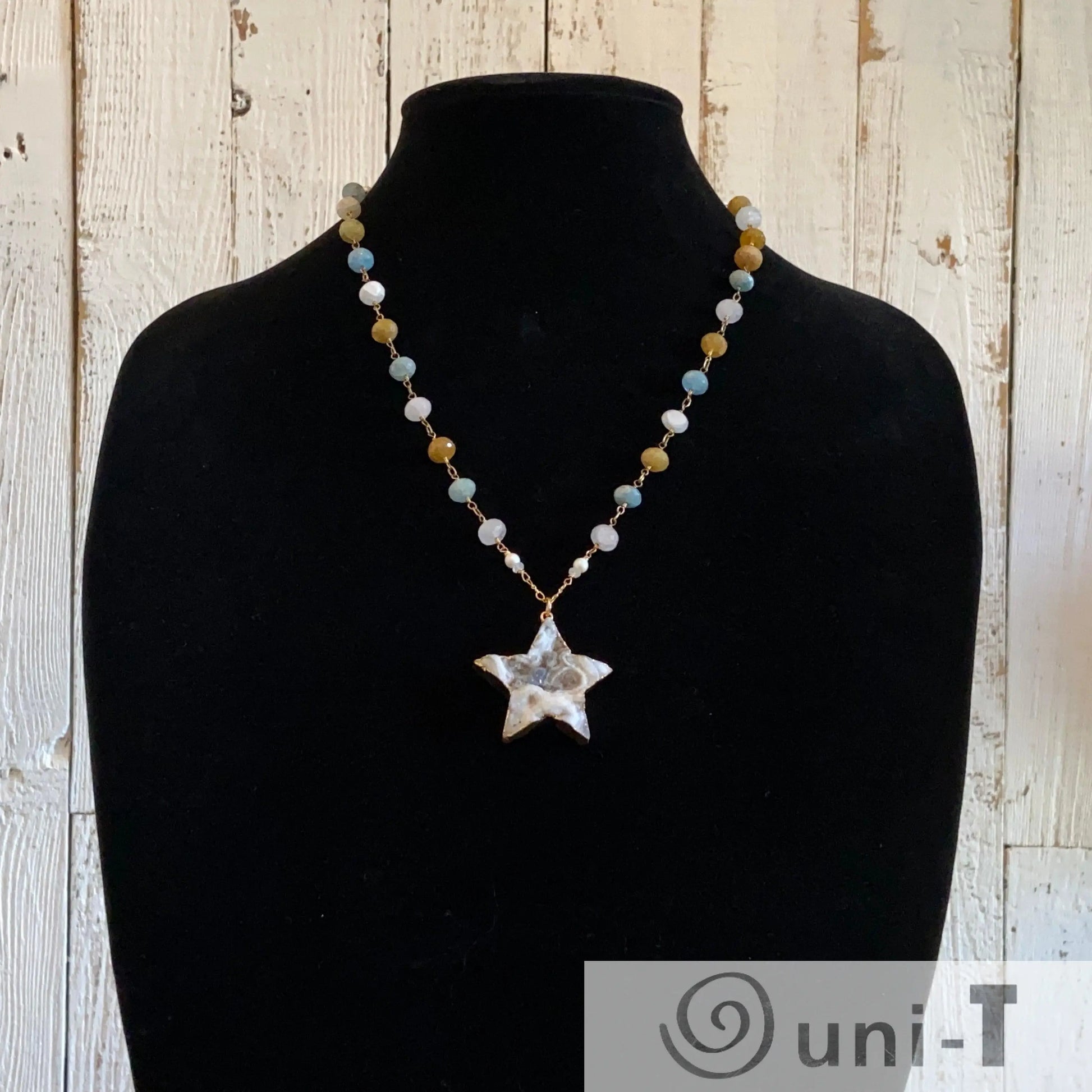 Large Druzy Quartz Star, Apatite, Sunstone and Quartz with 14K Gold Filled Necklace Regina McGearty