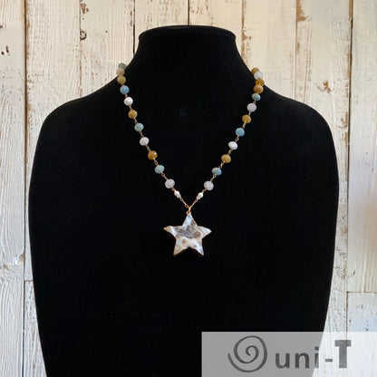 Large Druzy Quartz Star, Apatite, Sunstone and Quartz with 14K Gold Filled Necklace Regina McGearty