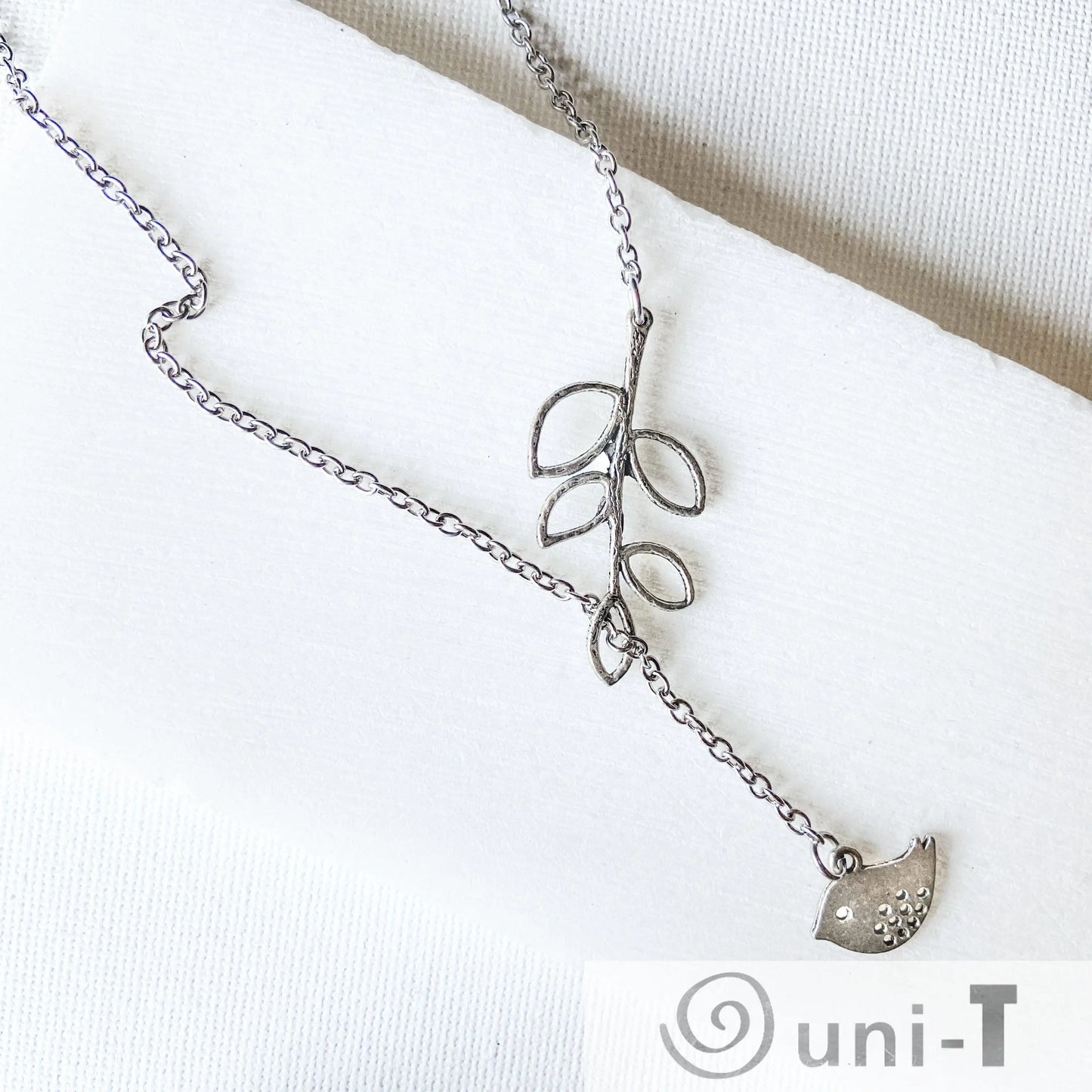 Lariat Necklace with Bird and Leaves Shana Cohen