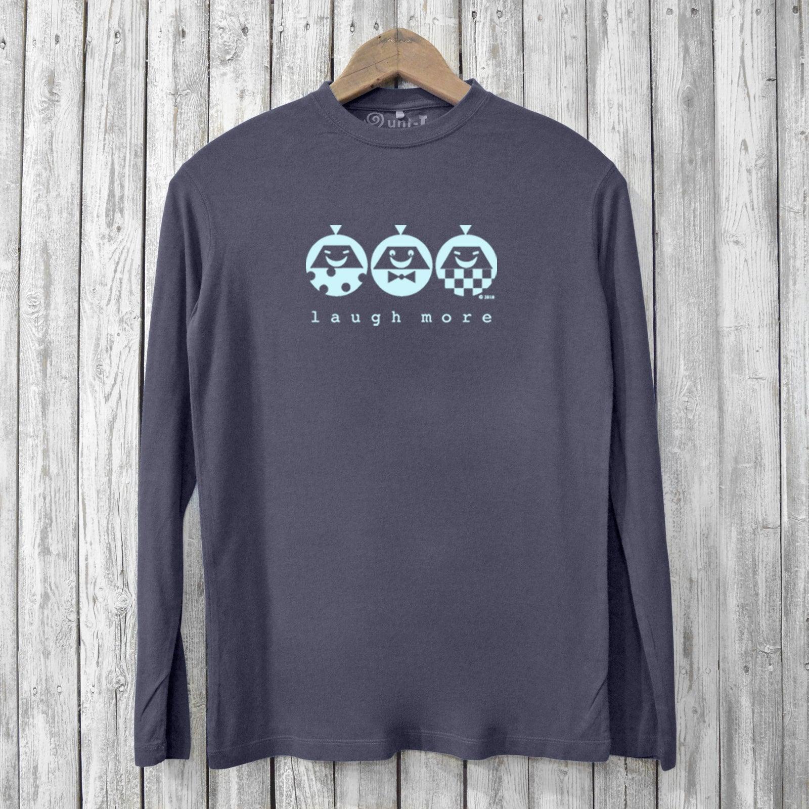 Positive vibe long sleeve tshirt for men in charcoal grey featuring playful 'Laugh More' design, crafted from sustainable bamboo and organic cotton.
