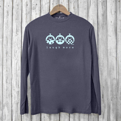 Positive vibe long sleeve tshirt for men in charcoal grey featuring playful 'Laugh More' design, crafted from sustainable bamboo and organic cotton.