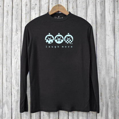 Eco-conscious black long sleeve men's tshirt with 'Laugh More' print, combining bamboo and organic cotton for a soft, ethical fashion statement.