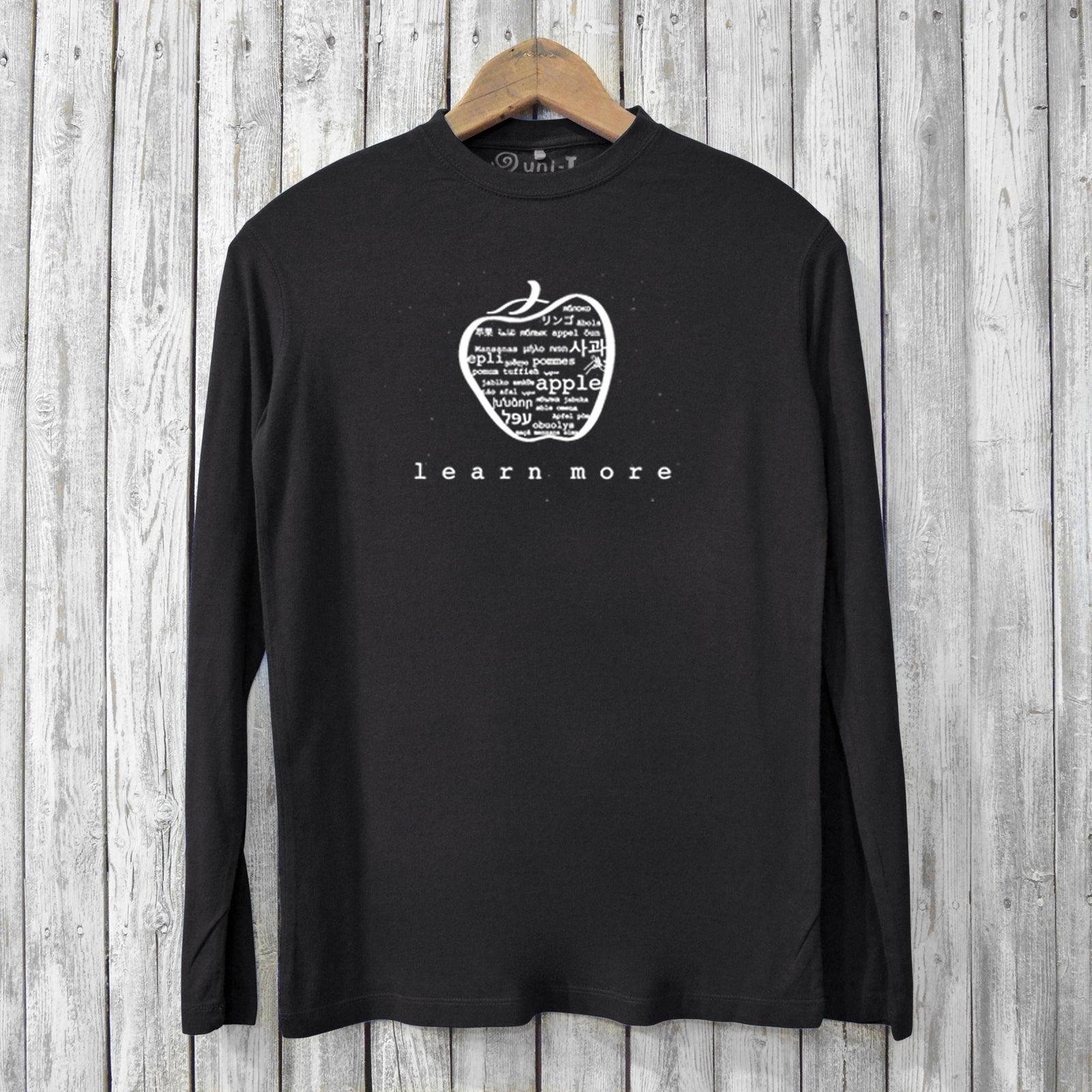 Black Men's Bamboo Long Sleeve T-Shirt with 'learn more' apple graphic. Sustainable, soft, and ideal for teachers and learning advocates.