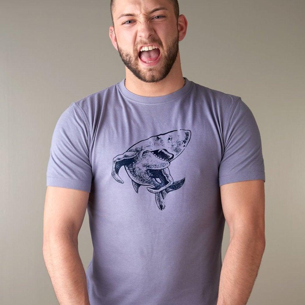 Men's Shark T-Shirt in Bamboo & Organic Cotton worn by model, featuring 'Lift More' graphic for gym and fitness motivation.