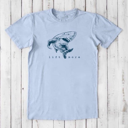 Light blue 'Lift More' shark graphic tee for men made from bamboo and organic cotton, ideal for weightlifters and gym lovers.