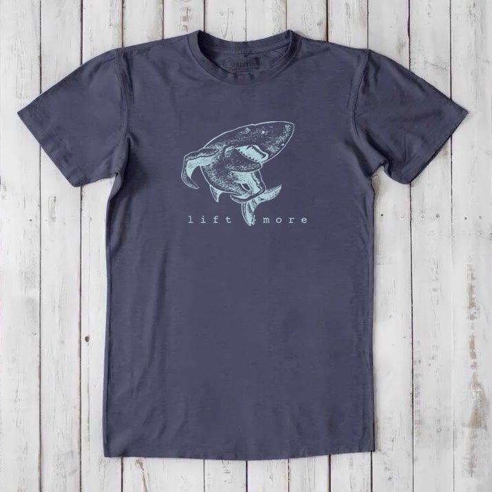 Dark navy men's bamboo and organic cotton t-shirt with shark and 'Lift More' print, perfect for fitness and gym apparel.