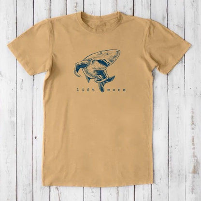 Tan 'Lift More' shark graphic tee for men crafted from breathable bamboo and organic cotton, great for workout motivation.