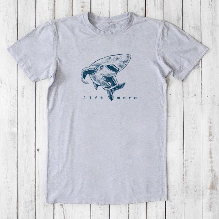 Heather gray men's shark t-shirt with 'Lift More' slogan, made from sustainable bamboo and organic cotton fabric.
