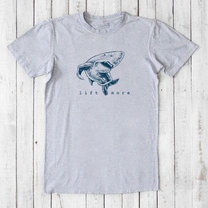 Heather gray men's shark t-shirt with 'Lift More' slogan, made from sustainable bamboo and organic cotton fabric.