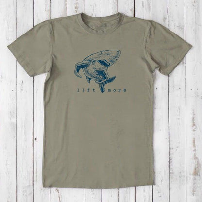 Olive green men's fitness t-shirt with shark graphic and 'Lift More' text, made from bamboo and organic cotton blend.