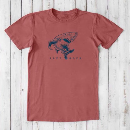 Brick red men's bamboo and organic cotton t-shirt with shark and 'Lift More' graphic, ideal gym gift for lifters.