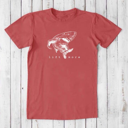 Red men's workout tee with white shark and 'Lift More' print, crafted from soft bamboo and organic cotton fabric.