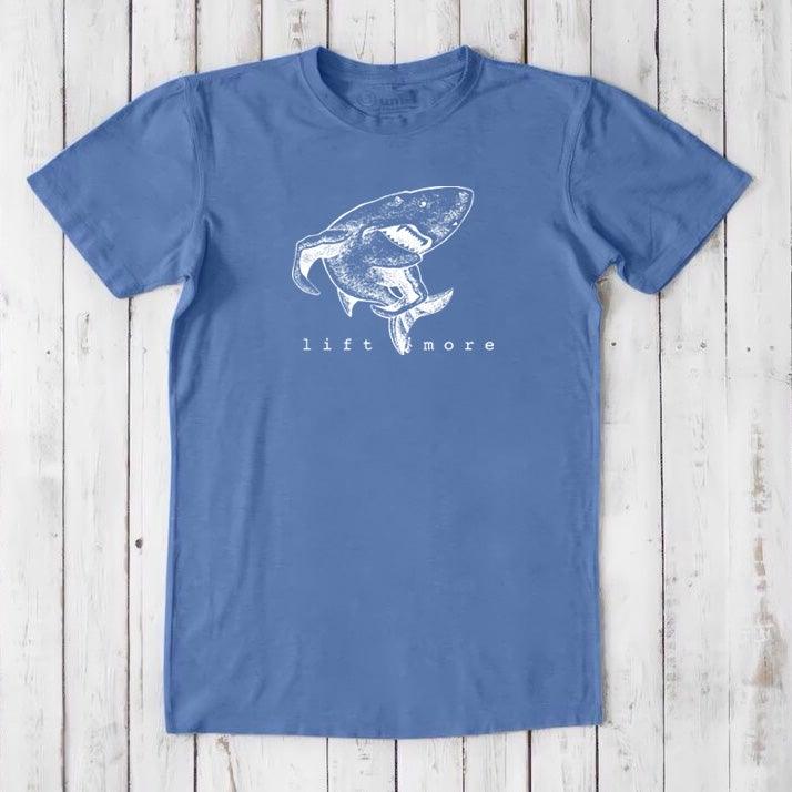 Blue men's shark t-shirt with white 'Lift More' graphic, made from breathable bamboo and organic cotton for gym wear.