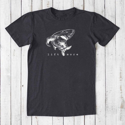 Black men's bamboo and organic cotton t-shirt featuring white shark and 'Lift More' text, perfect for fitness enthusiasts.