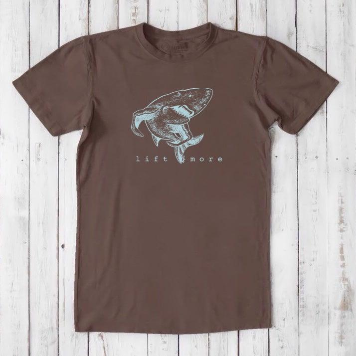 Chocolate brown men's gym t-shirt with light blue shark and 'Lift More' graphic, made from bamboo and organic cotton.