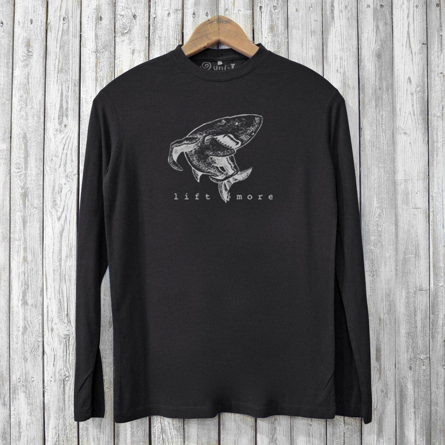 Men's Bamboo Workout T-Shirt - Lift More in black with shark graphic and eco-friendly fabric. Ideal for gym wear and sustainable fashion lovers.