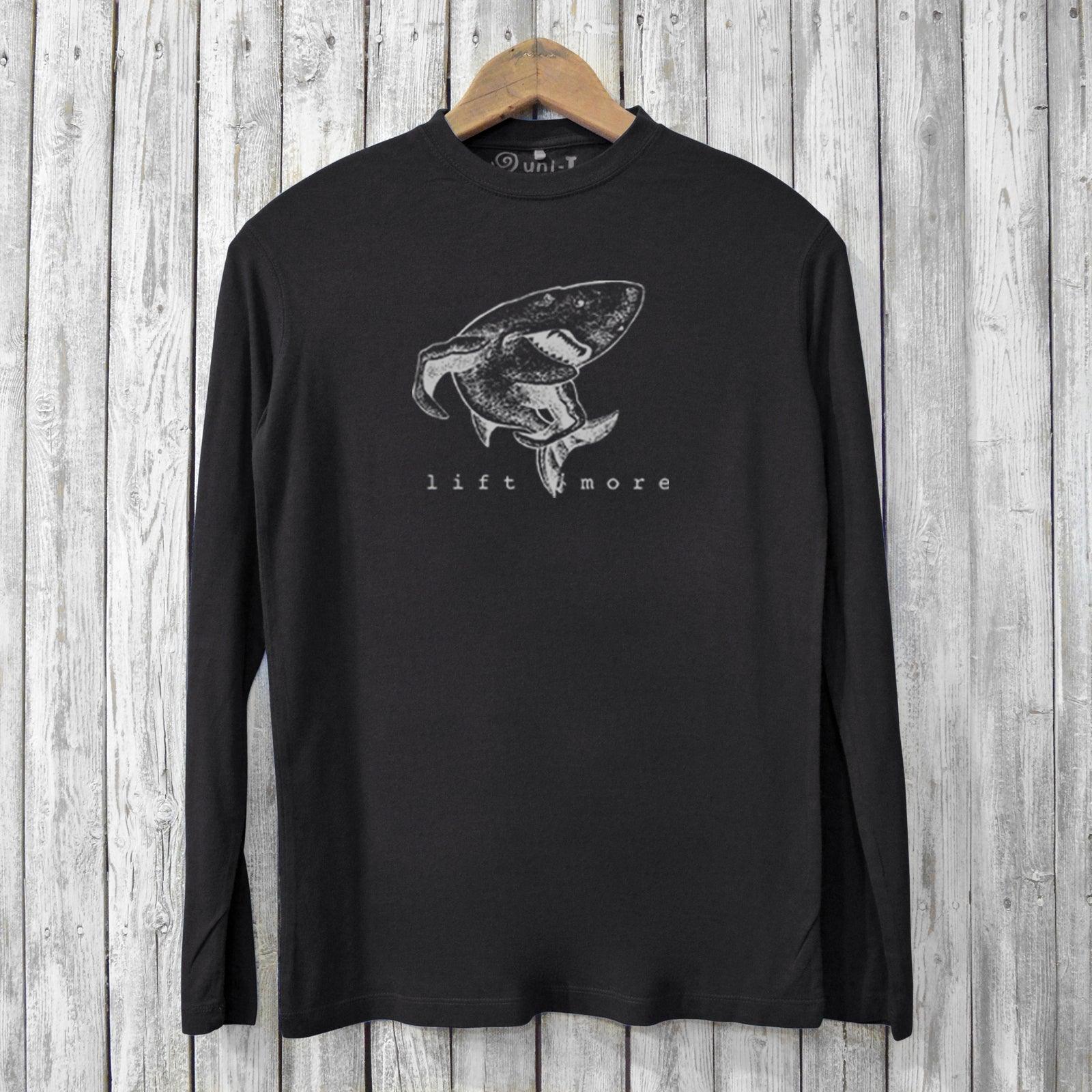 Men's Bamboo Workout T-Shirt - Lift More in black with shark graphic and eco-friendly fabric. Ideal for gym wear and sustainable fashion lovers.