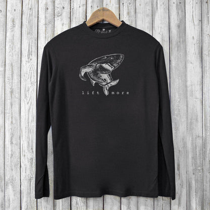 Men's Bamboo Workout T-Shirt - Lift More in black with shark graphic and eco-friendly fabric. Ideal for gym wear and sustainable fashion lovers.