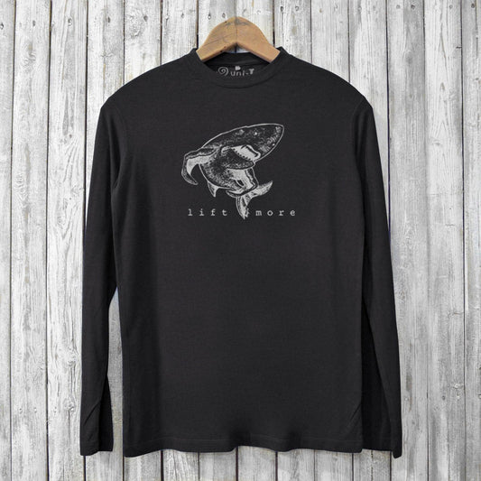 Men's Bamboo Workout T-Shirt - Lift More in black with shark graphic and eco-friendly fabric. Ideal for gym wear and sustainable fashion lovers.