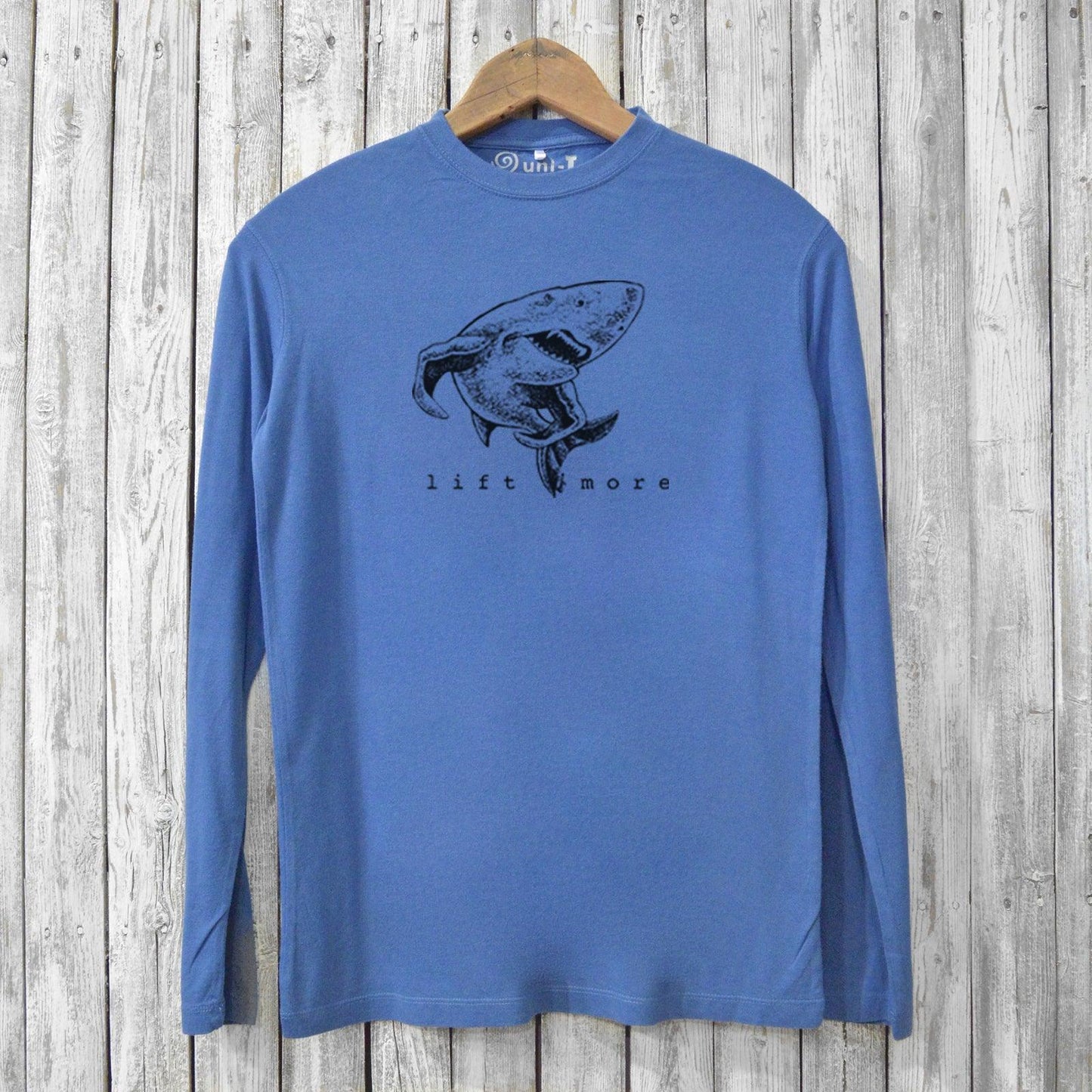 Eco-friendly Men's Bamboo Workout T-Shirt - Lift More in blue featuring a shark design. Made with organic cotton for gym and casual wear.