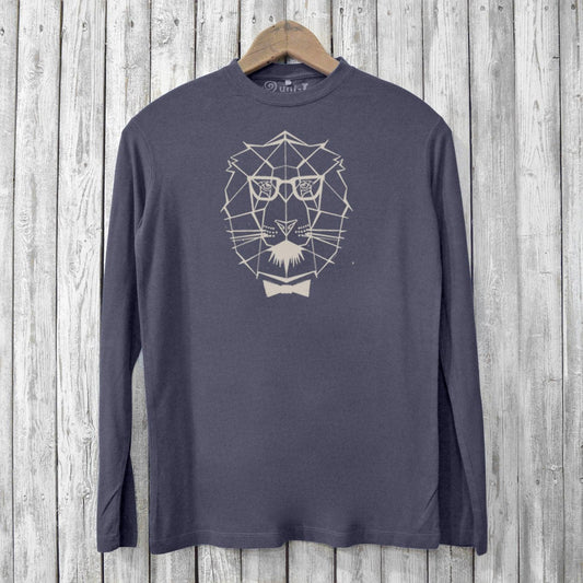 Men's Geometric Lion T-shirt in charcoal gray, made from bamboo and organic cotton. Eco-friendly long sleeve shirt with bold lion graphic design.