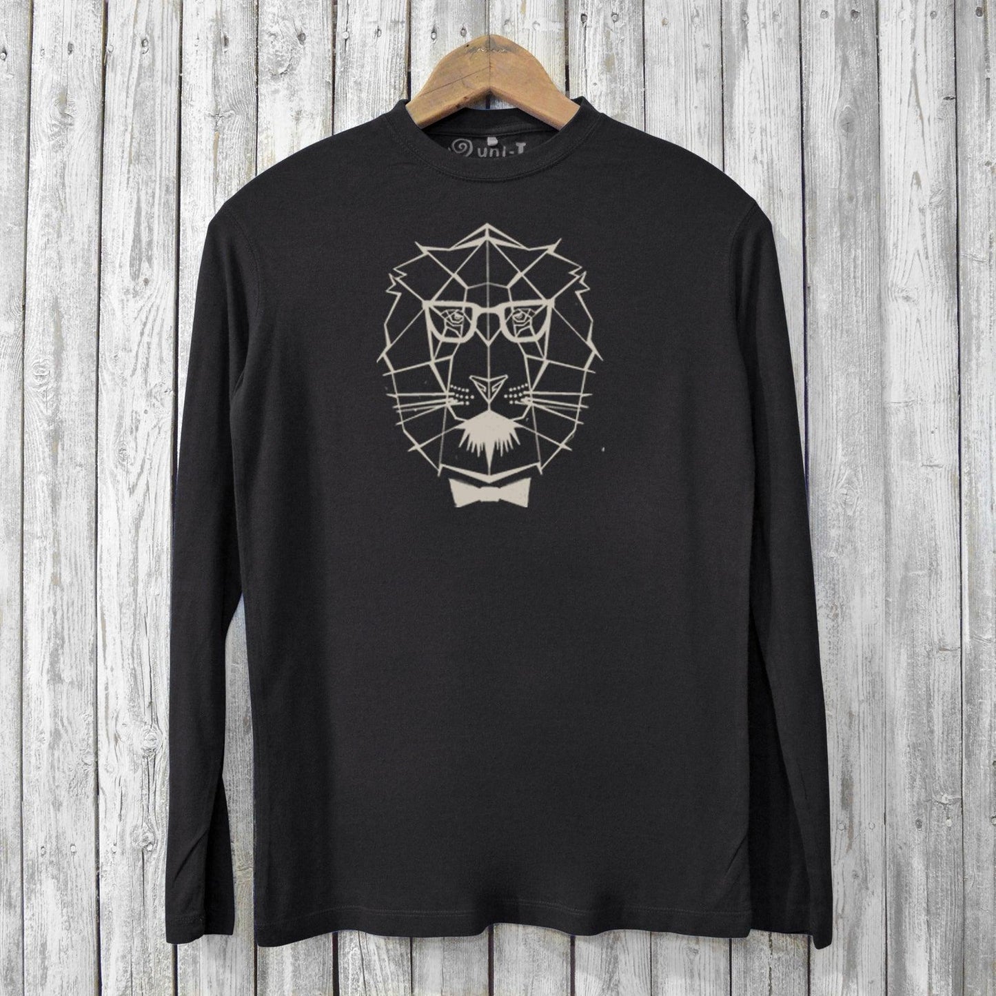 Black Men's Geometric Lion T-shirt featuring a modern lion face print. Sustainable bamboo and organic cotton long sleeve for stylish comfort.