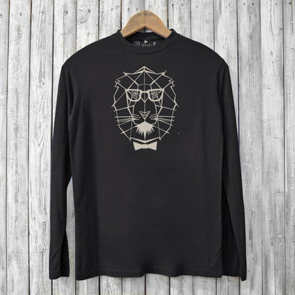 Black Men's Geometric Lion T-shirt featuring a modern lion face print. Sustainable bamboo and organic cotton long sleeve for stylish comfort.