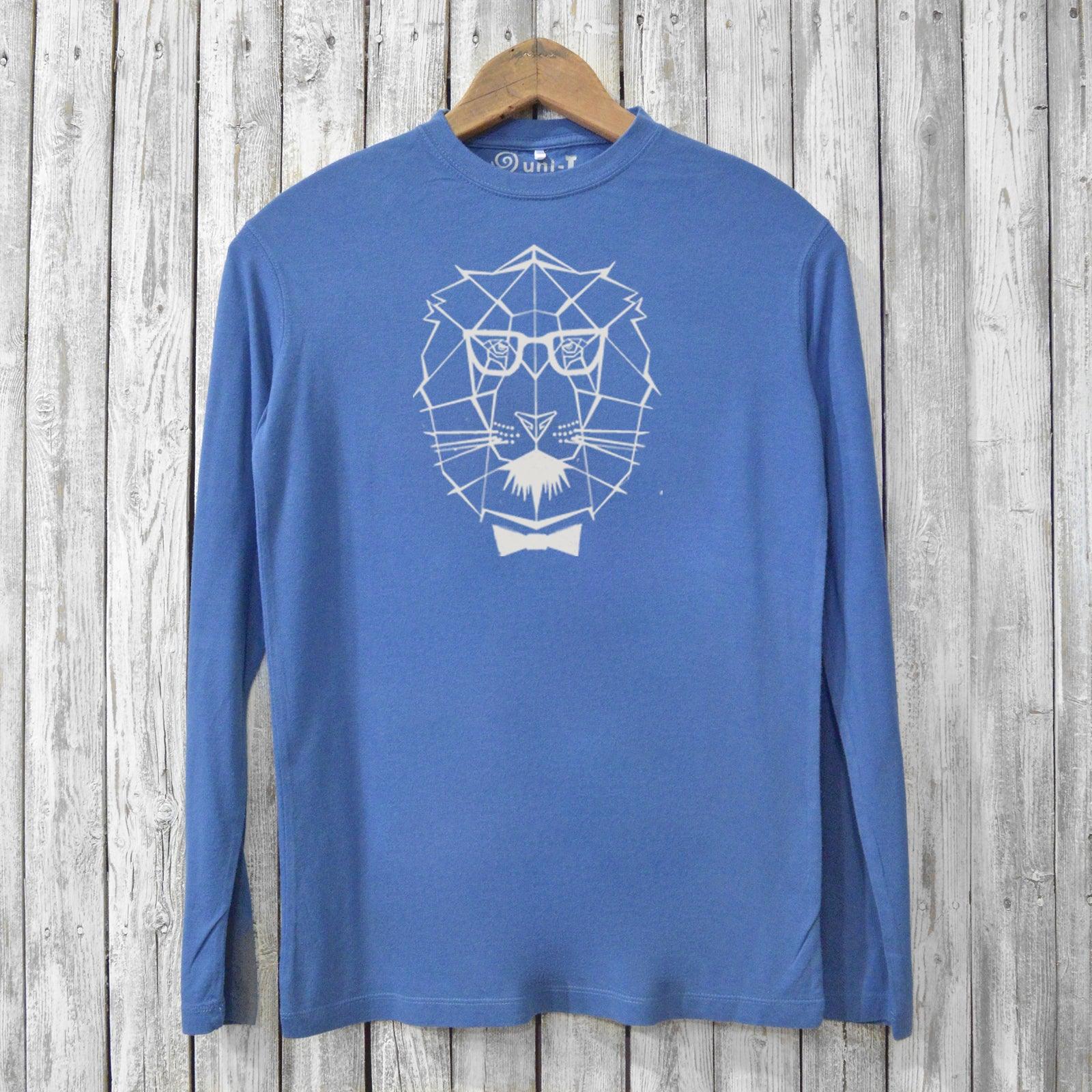 Blue Men's Geometric Lion T-shirt crafted from eco-friendly bamboo and organic cotton. Long sleeve graphic shirt with artistic lion design.