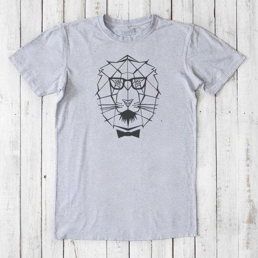 Men's Lion T-Shirt in Bamboo & Organic Cotton in heather gray with geometric lion graphic, perfect gift symbolizing courage and strength.