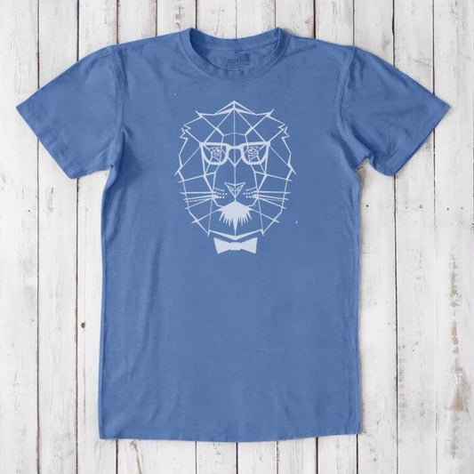 Blue Men's Lion T-Shirt in Bamboo & Organic Cotton featuring modern safari animal graphic, ideal gift for him representing leadership.