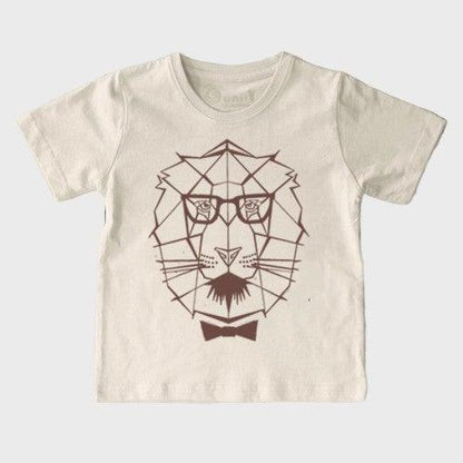 Eco-friendly kids' lion t-shirt in cream with geometric lion design, made from organic cotton, perfect for animal-loving children.