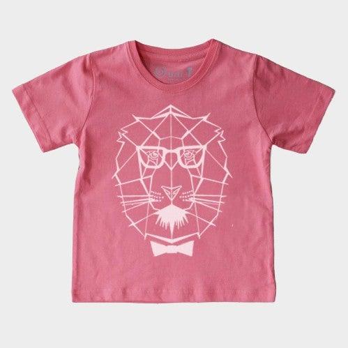 Pink kids’ organic cotton lion t-shirt with geometric animal graphic, sustainable and soft top for children by Uni-T.