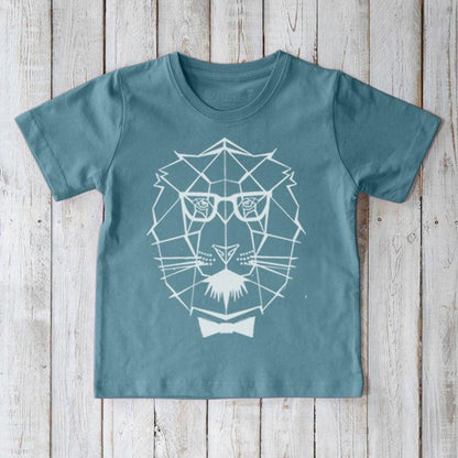 Blue organic cotton kids' t-shirt with geometric lion face print, sustainable and stylish wildlife-themed clothing for children.